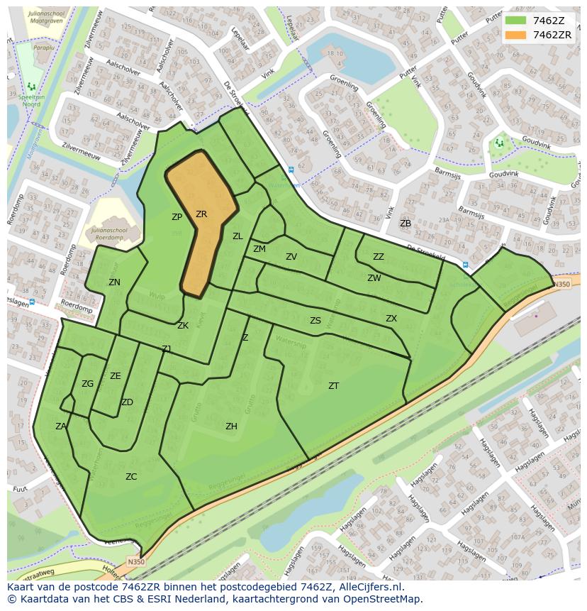 Afbeelding van het postcodegebied 7462 ZR op de kaart.