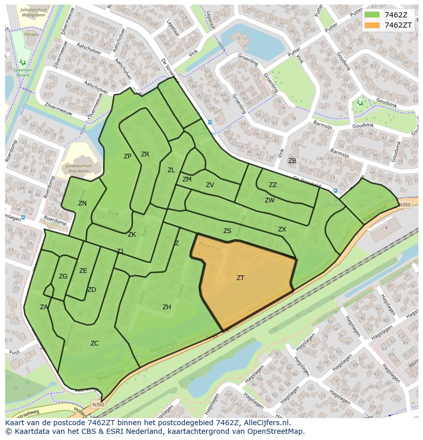 Afbeelding van het postcodegebied 7462 ZT op de kaart.