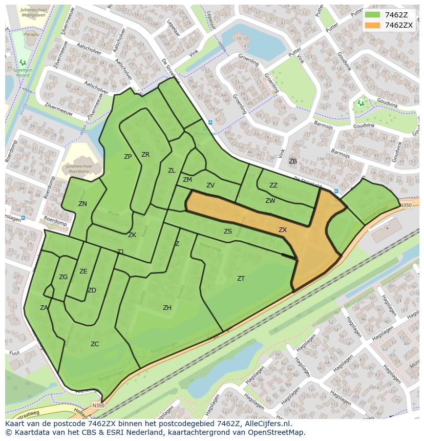 Afbeelding van het postcodegebied 7462 ZX op de kaart.
