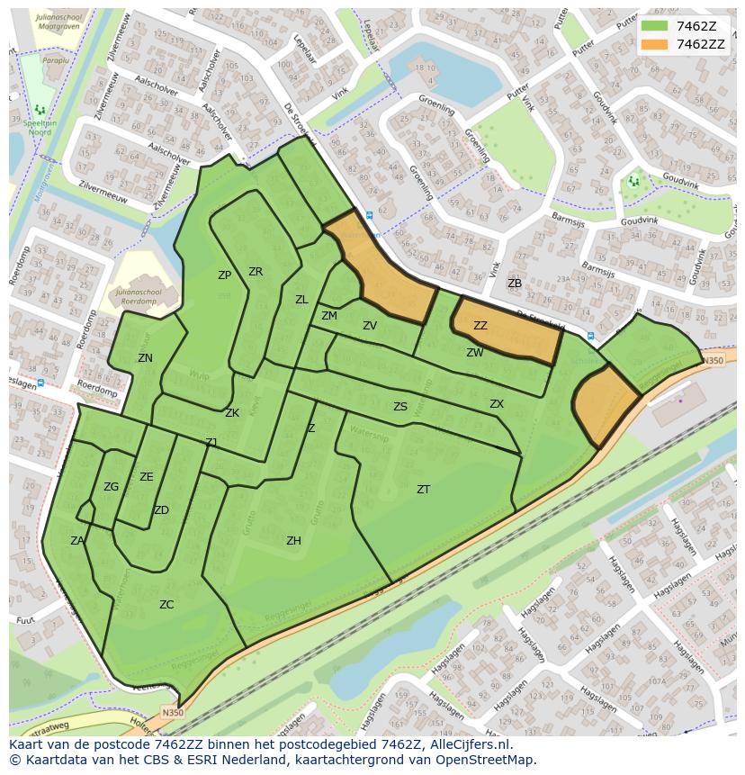 Afbeelding van het postcodegebied 7462 ZZ op de kaart.