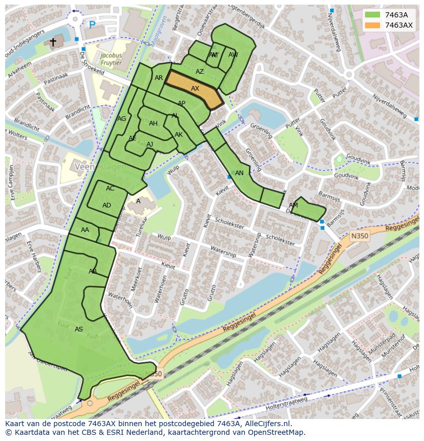 Afbeelding van het postcodegebied 7463 AX op de kaart.