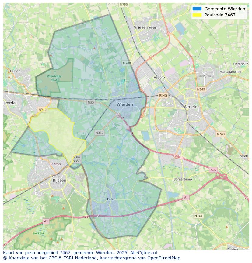 Afbeelding van het postcodegebied 7467 op de kaart.
