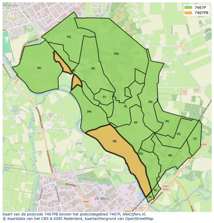 Afbeelding van het postcodegebied 7467 PB op de kaart.