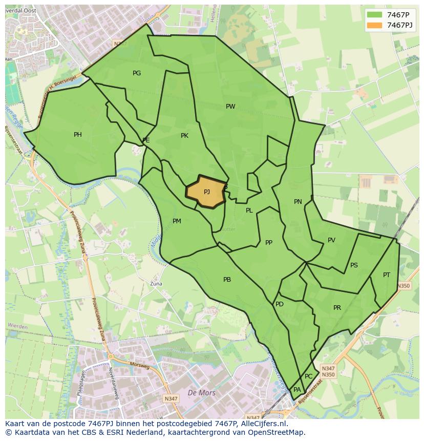 Afbeelding van het postcodegebied 7467 PJ op de kaart.