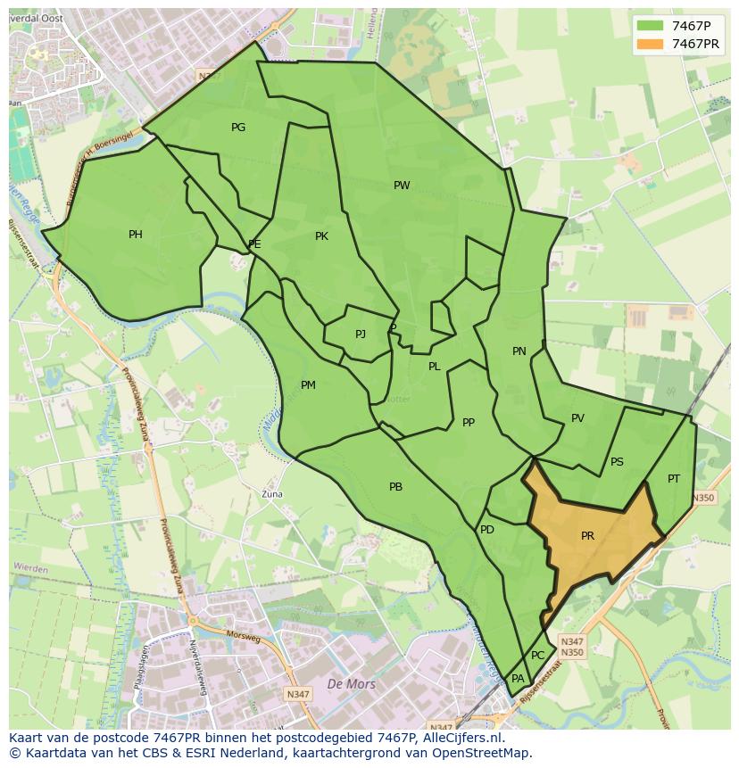 Afbeelding van het postcodegebied 7467 PR op de kaart.