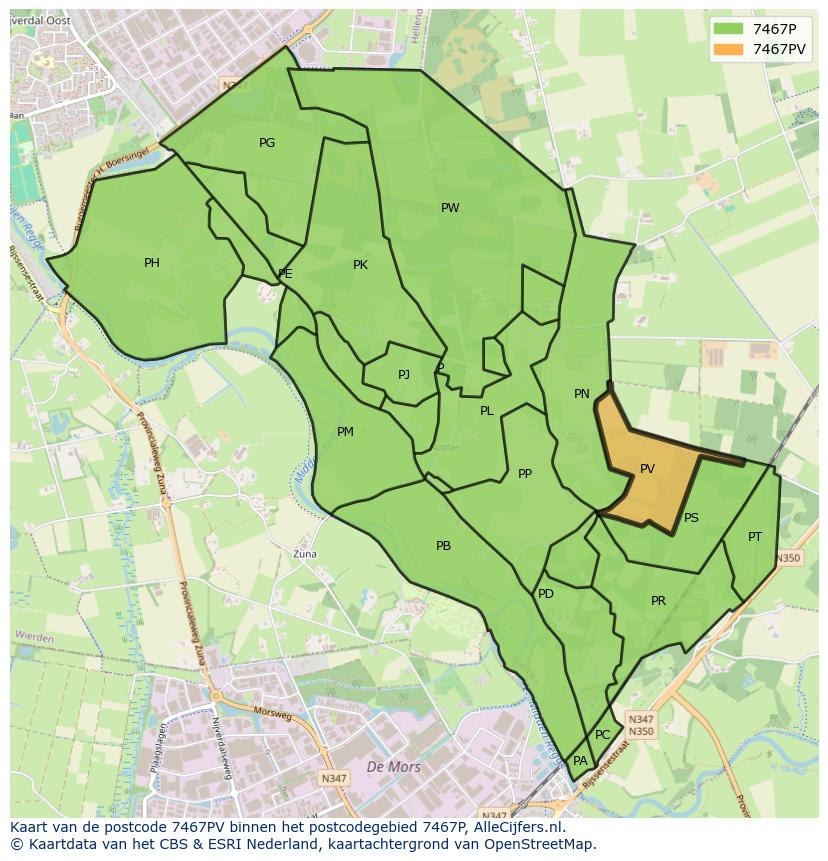 Afbeelding van het postcodegebied 7467 PV op de kaart.
