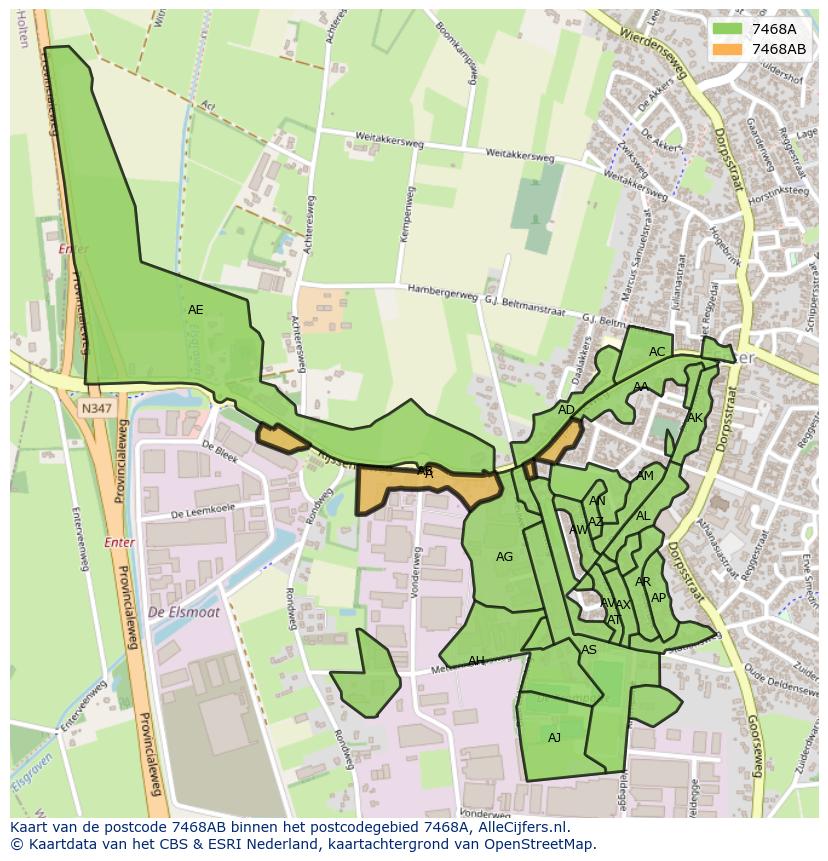 Afbeelding van het postcodegebied 7468 AB op de kaart.