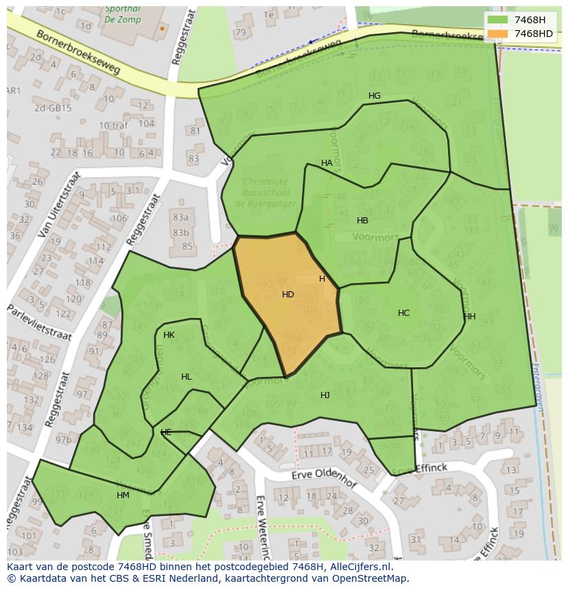 Afbeelding van het postcodegebied 7468 HD op de kaart.