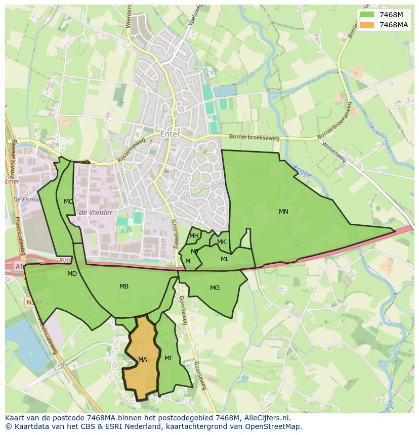 Afbeelding van het postcodegebied 7468 MA op de kaart.
