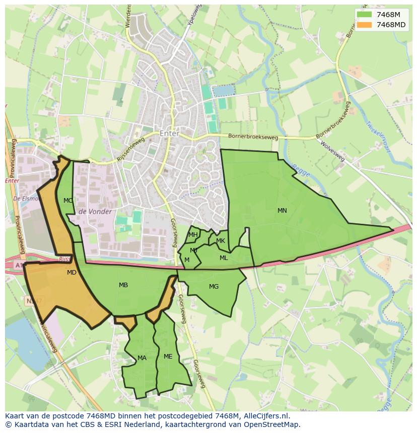 Afbeelding van het postcodegebied 7468 MD op de kaart.