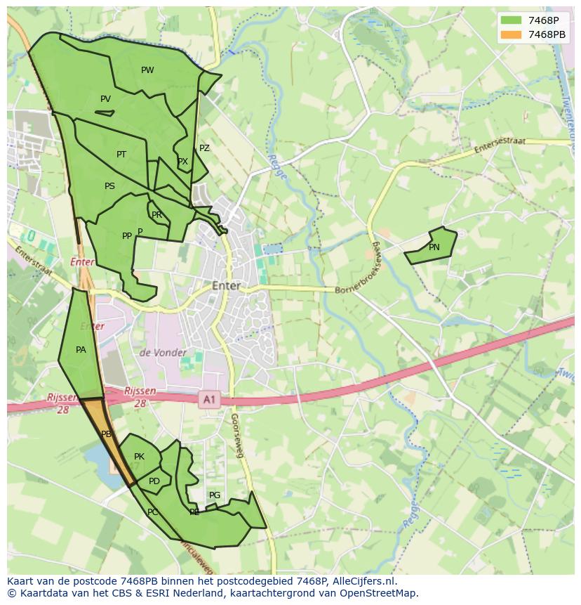 Afbeelding van het postcodegebied 7468 PB op de kaart.
