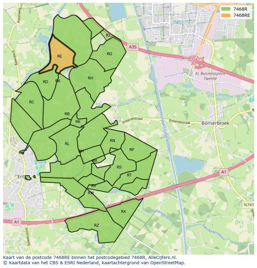 Afbeelding van het postcodegebied 7468 RE op de kaart.