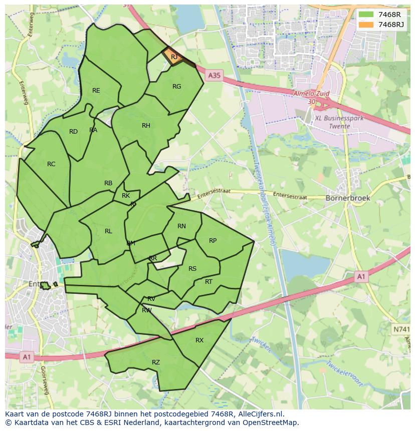 Afbeelding van het postcodegebied 7468 RJ op de kaart.