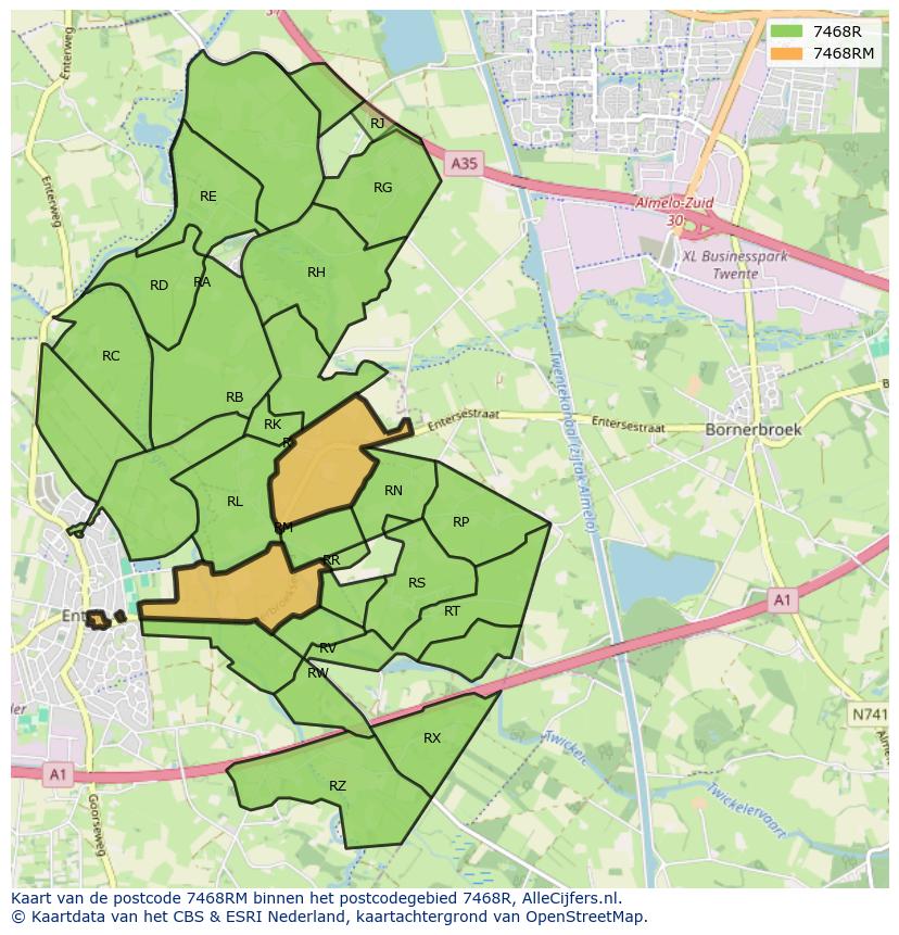 Afbeelding van het postcodegebied 7468 RM op de kaart.