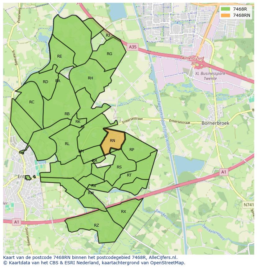 Afbeelding van het postcodegebied 7468 RN op de kaart.