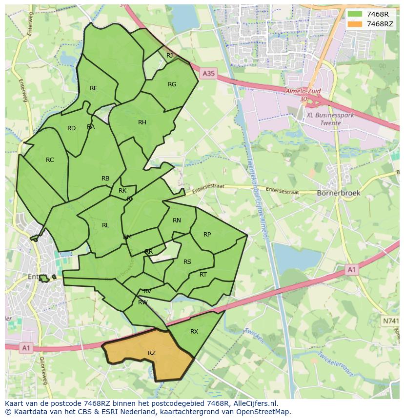 Afbeelding van het postcodegebied 7468 RZ op de kaart.
