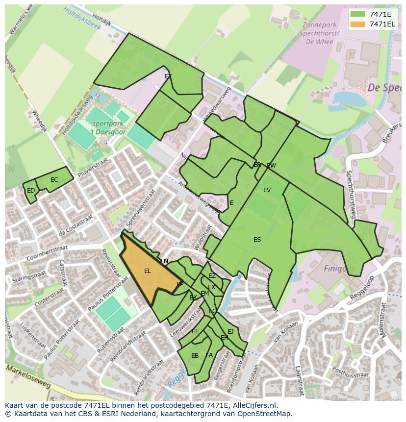 Afbeelding van het postcodegebied 7471 EL op de kaart.