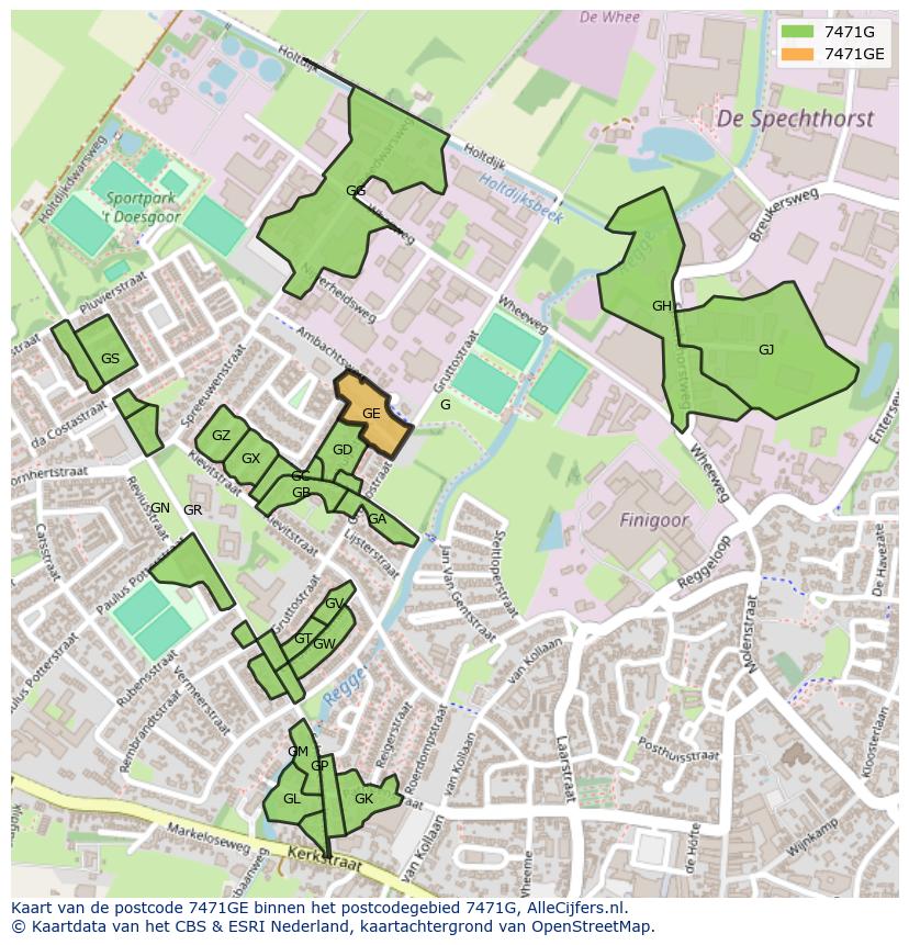 Afbeelding van het postcodegebied 7471 GE op de kaart.