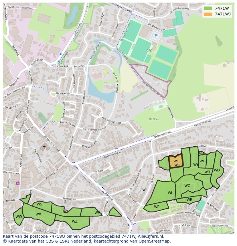 Afbeelding van het postcodegebied 7471 WJ op de kaart.