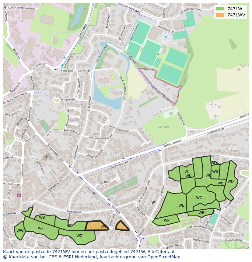 Afbeelding van het postcodegebied 7471 WV op de kaart.