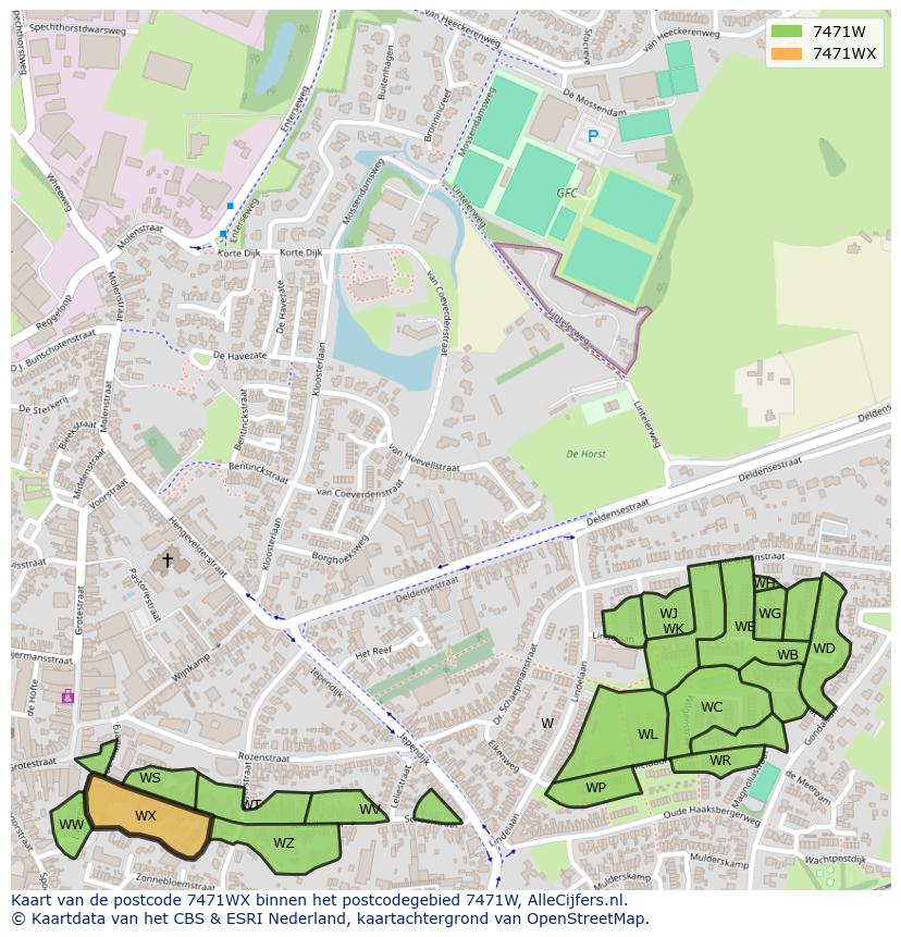 Afbeelding van het postcodegebied 7471 WX op de kaart.
