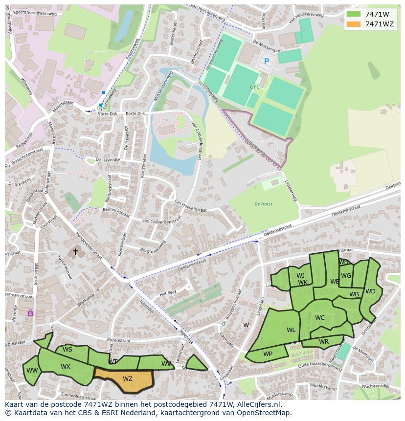 Afbeelding van het postcodegebied 7471 WZ op de kaart.