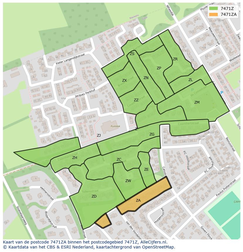Afbeelding van het postcodegebied 7471 ZA op de kaart.