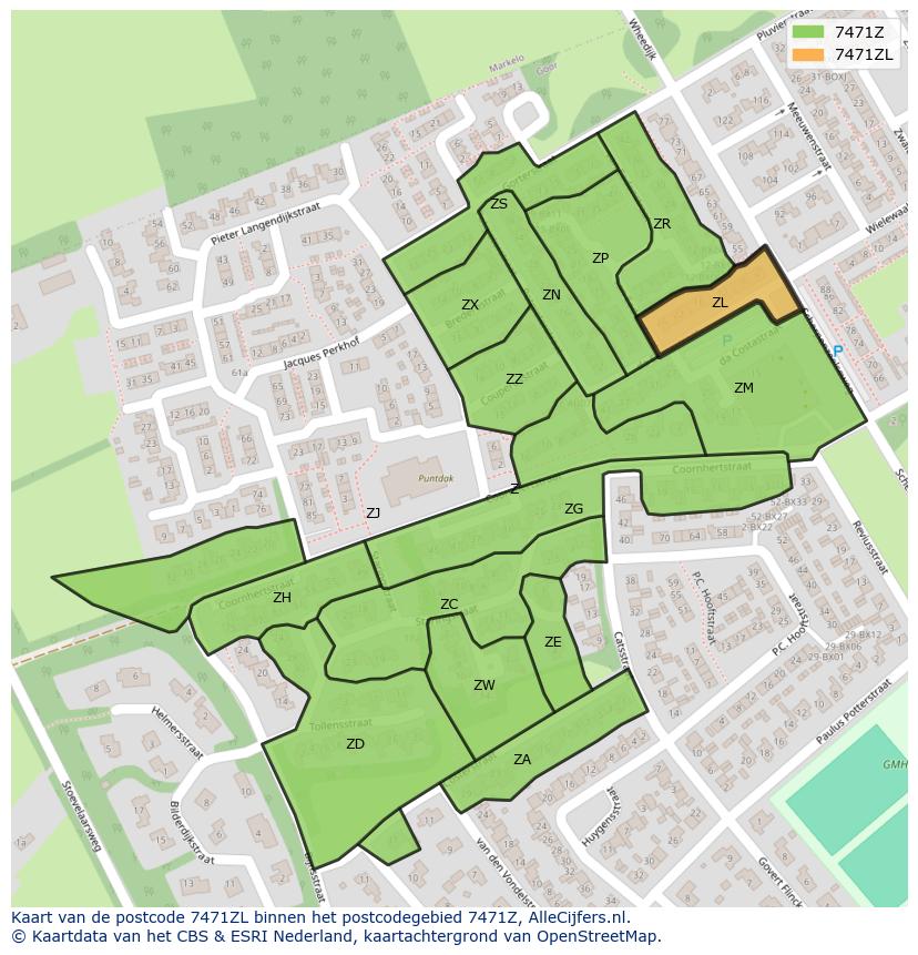 Afbeelding van het postcodegebied 7471 ZL op de kaart.