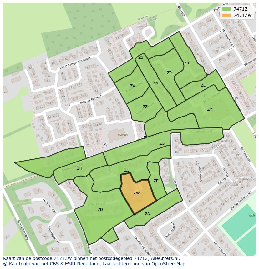 Afbeelding van het postcodegebied 7471 ZW op de kaart.