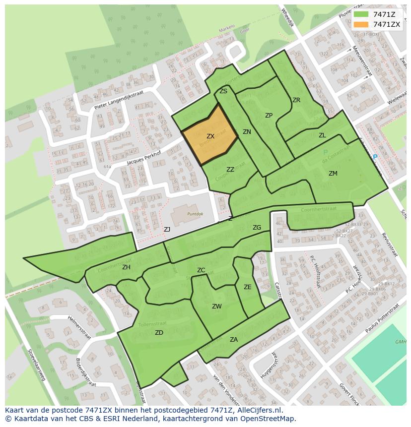 Afbeelding van het postcodegebied 7471 ZX op de kaart.