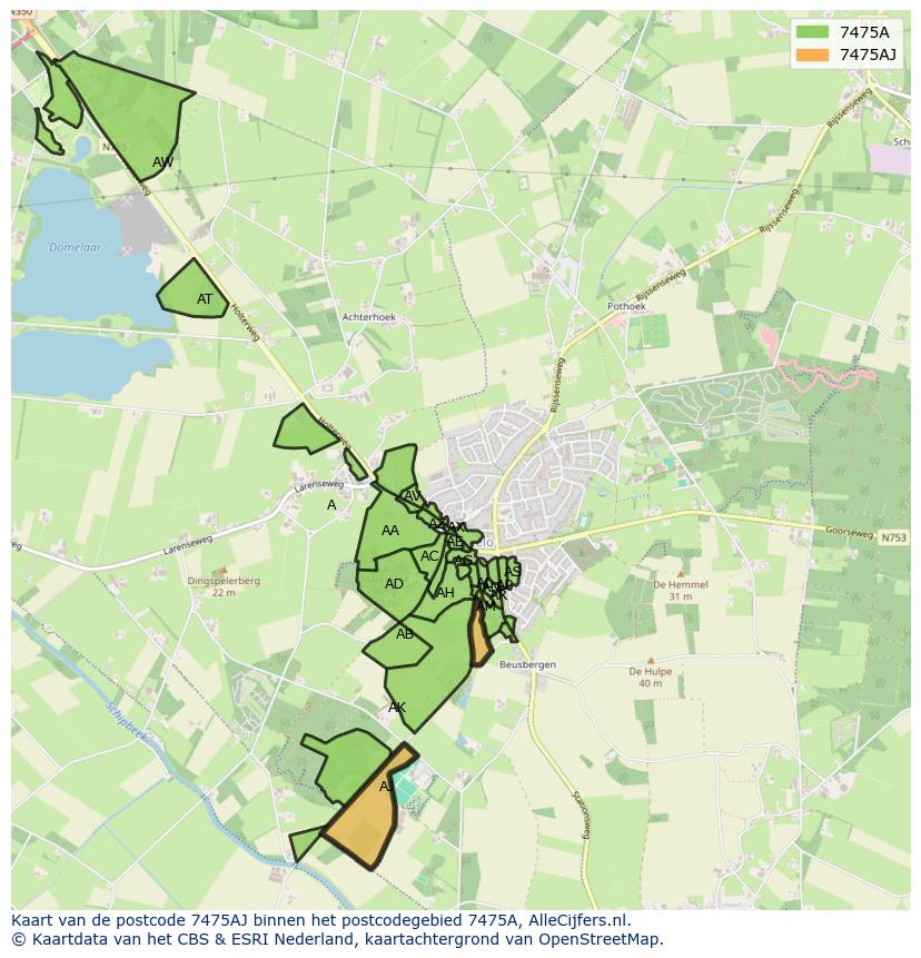 Afbeelding van het postcodegebied 7475 AJ op de kaart.