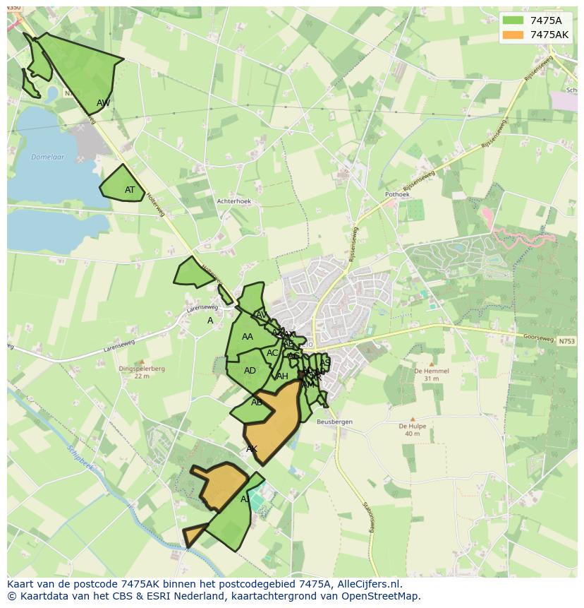 Afbeelding van het postcodegebied 7475 AK op de kaart.