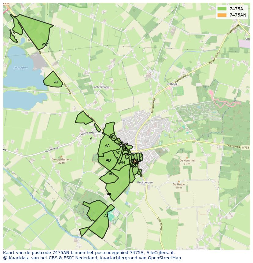 Afbeelding van het postcodegebied 7475 AN op de kaart.
