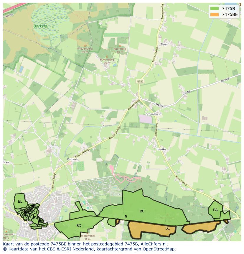 Afbeelding van het postcodegebied 7475 BE op de kaart.