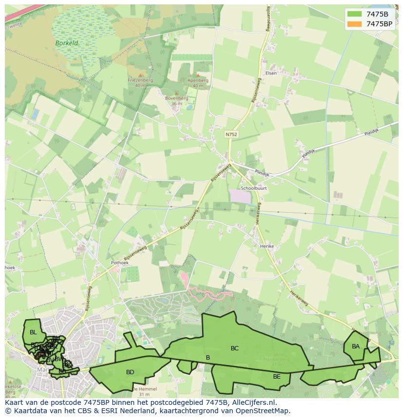 Afbeelding van het postcodegebied 7475 BP op de kaart.