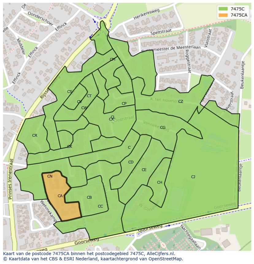 Afbeelding van het postcodegebied 7475 CA op de kaart.