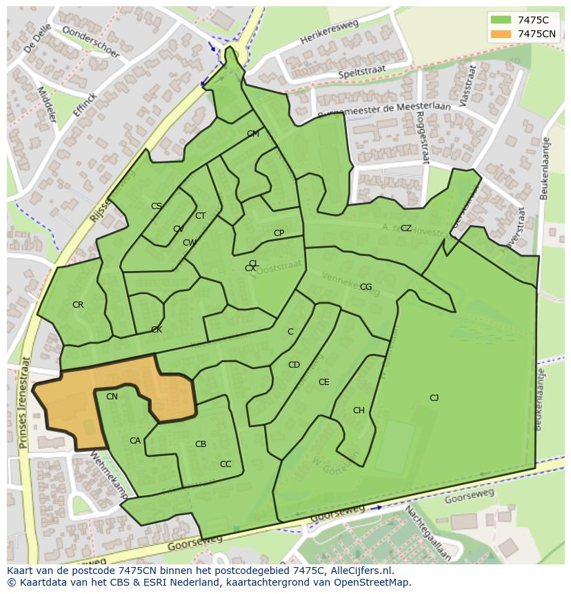 Afbeelding van het postcodegebied 7475 CN op de kaart.