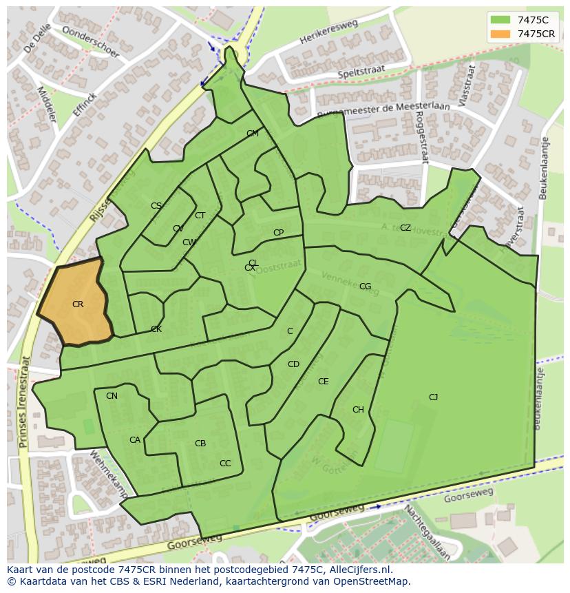 Afbeelding van het postcodegebied 7475 CR op de kaart.