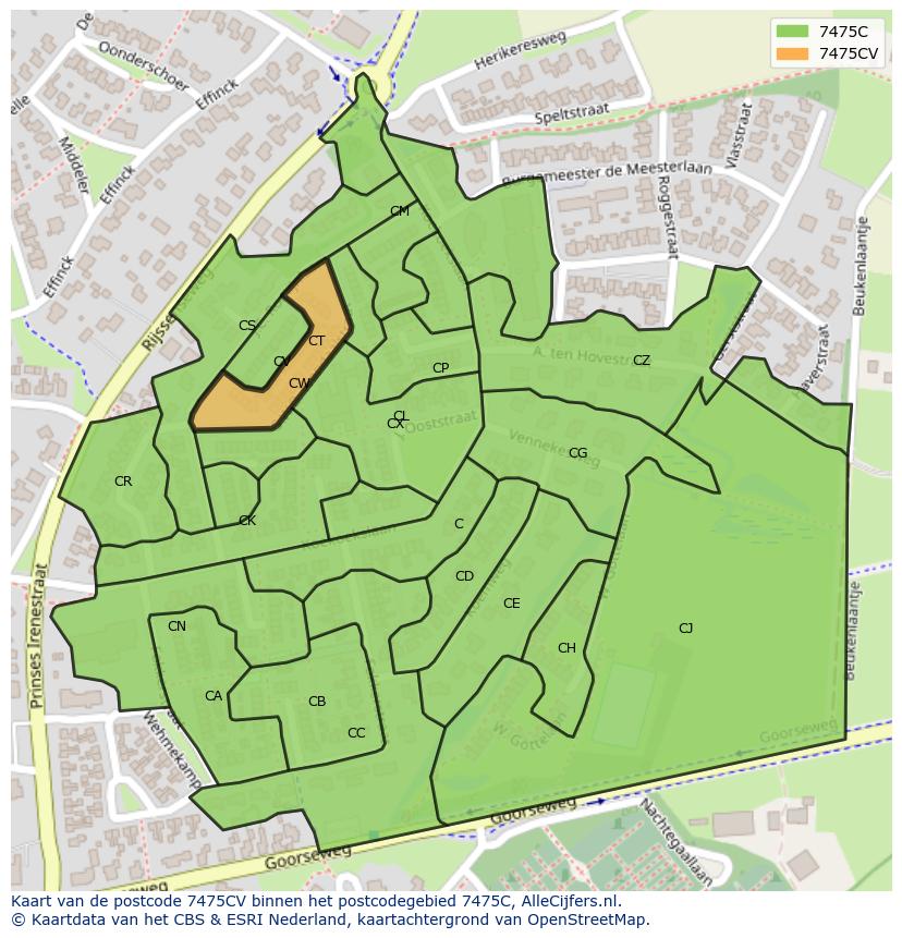 Afbeelding van het postcodegebied 7475 CV op de kaart.