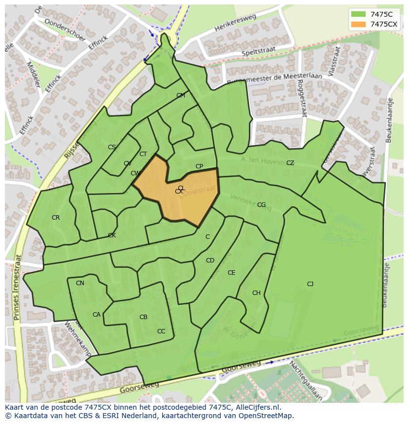 Afbeelding van het postcodegebied 7475 CX op de kaart.