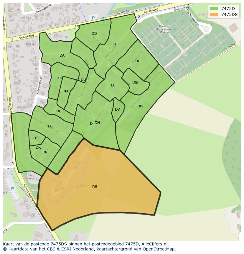 Afbeelding van het postcodegebied 7475 DS op de kaart.