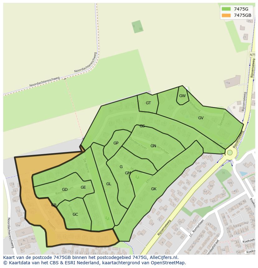Afbeelding van het postcodegebied 7475 GB op de kaart.