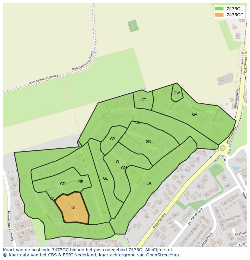 Afbeelding van het postcodegebied 7475 GC op de kaart.