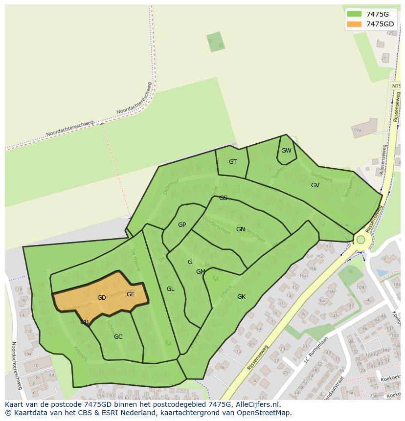 Afbeelding van het postcodegebied 7475 GD op de kaart.