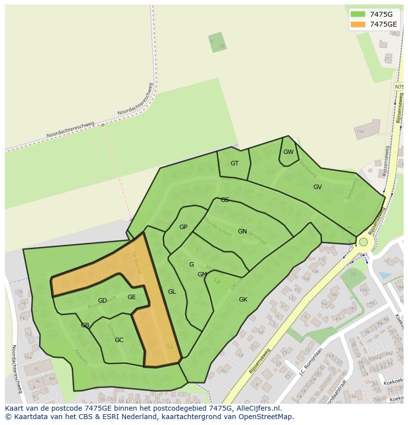 Afbeelding van het postcodegebied 7475 GE op de kaart.