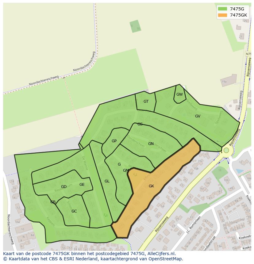 Afbeelding van het postcodegebied 7475 GK op de kaart.