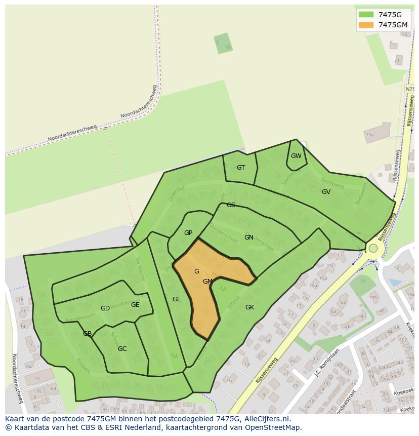 Afbeelding van het postcodegebied 7475 GM op de kaart.