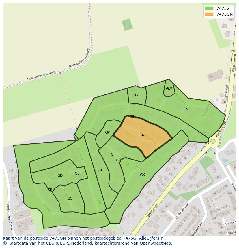 Afbeelding van het postcodegebied 7475 GN op de kaart.