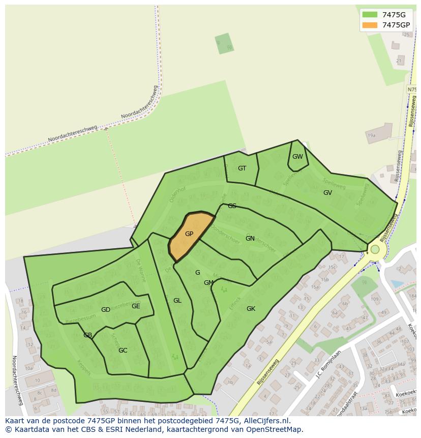 Afbeelding van het postcodegebied 7475 GP op de kaart.