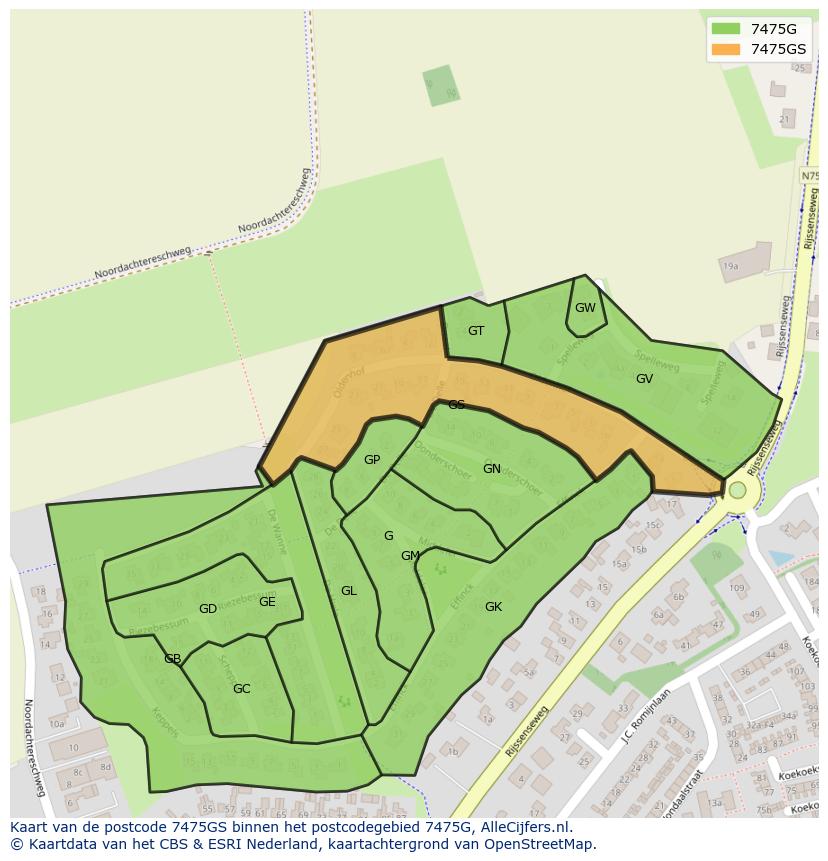 Afbeelding van het postcodegebied 7475 GS op de kaart.